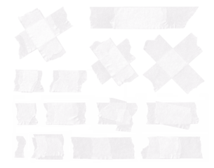 Collection of adhesive tape pieces on transparent background, isolated, extracted