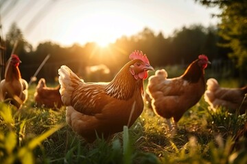 Fototapeta premium Bio Bauernhof mit Hühner auf einem Feld. Beim Sonnenaufgang mit Dunst / Nebel. Warme Beleuchtung, Generate Ai
