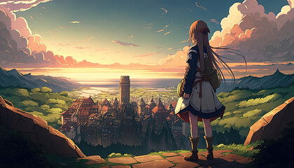 an anime girl standing on top of a hill and watching a medieval town, sunset scene, generative ai technology