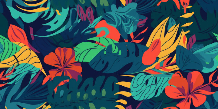 Beautiful abstract colourful tropical leaf seamless background. Generative ai