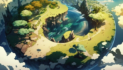 a peaceful place on earth with a fantasy twist, anime artwork, generative ai technology
