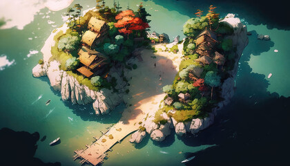a place of peace on earth at the beach, anime fantasy style, generative ai technology