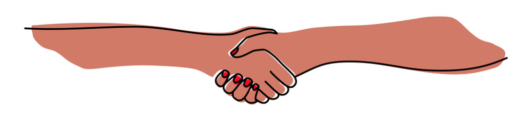 Handshake, agreement, introduction banner hand drawn with single line. Women shake hands. Png...