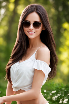 Portrait of a beautiful woman in sunglasses in nature, Generative AI