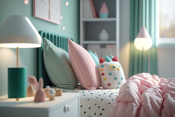 Soft and modern bedroom design for a young girl with pastel color palette. Generative AI