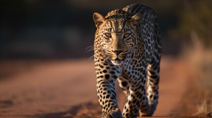 a beautiful leopard walks towards the camera, in the sunset. wildlife africa. Generative AI