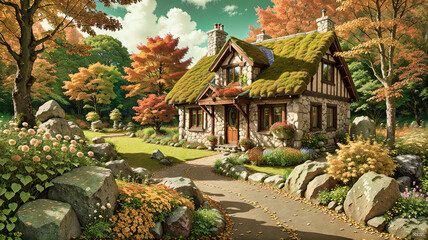 illustration of an autumn time stone cottage in woods with walk path, generative AI