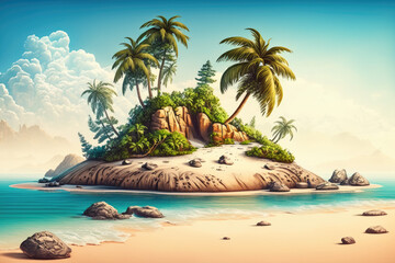 Fototapeta na wymiar paradise island in the caribbean with palm trees sun and a turquoise sea. Generative AI