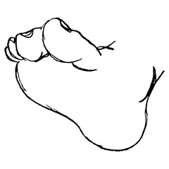Bare human foot. Sole with toes. Cartoon style. Hand drawn sketch. Black and white silhouette.