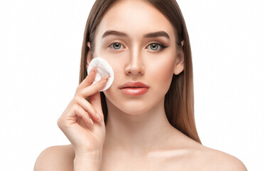 A young beautiful girl removes makeup with a cotton pad and micellar water from her face and eyes.