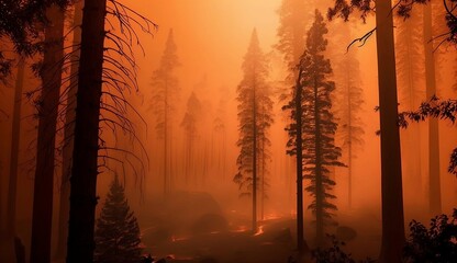 Heavy forest fire in California, with thick smoke.