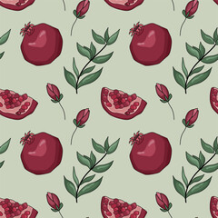 Saturated seamless pattern with pomegranates on green background. Vector illustration