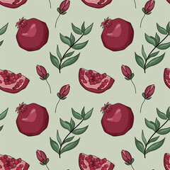 Saturated seamless pattern with pomegranates on green background. Vector illustration