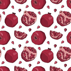 Juicy seamless pattern with pomegranate. Fruit whole and cut. Vector illustration 