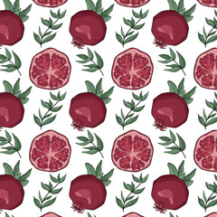 Colorful seamless pattern with pomegranates and leaves. Vector illustration