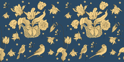 Seamless pattern. Beautiful flying birds and flowers. Textile background, line graphics. 