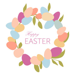 Easter wreath with Easter eggs, flowers, leaves and branches on white background. Decorative frame with gold elements. Unique design for your greeting cards, banners, flyers. Vector in modern style.