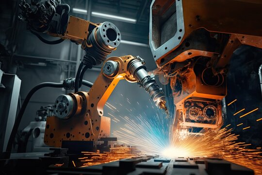 Mechanized welding industry robot arm for assembly in factory production line. Vehicle manufacturing. Robotized automated manufacturing process, generative ai