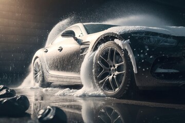 Car wash with foam. AI generated