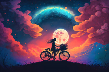 illustration painting of love riding on bicycle against night sky with colorful clouds, digital art style