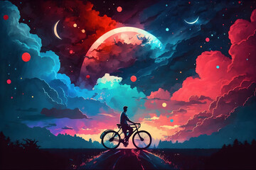 illustration painting of love riding on bicycle against night sky with colorful clouds, digital art style