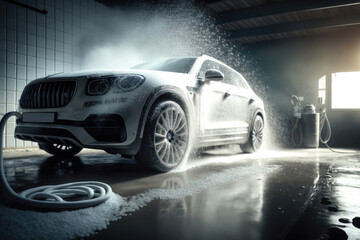 Car wash with foam. AI generated