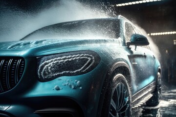 Car wash with foam. AI generated - obrazy, fototapety, plakaty
