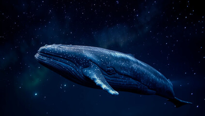 Blue whale on the background of the night starry sky. Generative AI technology.	