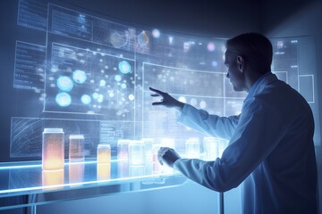 Doctor analysing medication on holographic interface. AI generated