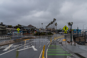 Santa Cruz Boardwalk and around the day after the bomb storm, gray and empty streets, destruction...