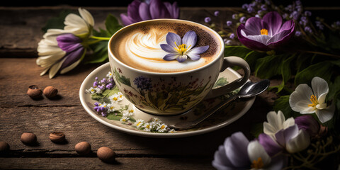 Obraz na płótnie Canvas Porcelain mug with delicious cappuccino. Composition with spring flowers, tasty coffee foam with patterns. Wooden table with fresh flowers and fresh fragrant coffee. Generative AI art.