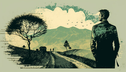 Vintage style landscape of a man postcard illustration.Generative AI.