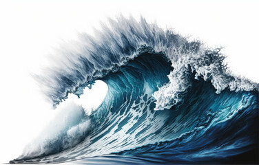 Sea waves rolling up in ocean, fresh and spray, white background with copyspace, generative ai