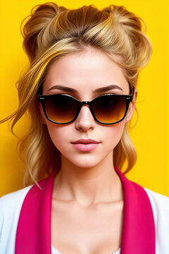 Portrait of an young woman with sunglasses on a abstract yellow background, summer vibrancy. Generative AI.
