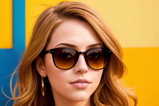 Portrait of an young woman with sunglasses on a abstract colorful background, summer vibrancy. Generative AI.