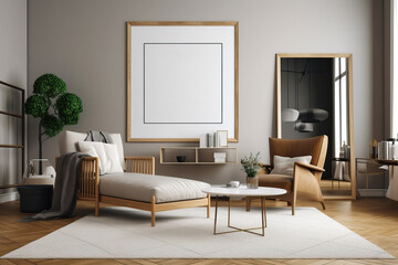 Obraz na płótnie Canvas Interior design of living room interior with design armchair, wooden coffee table, mock up poster frame. AI generated