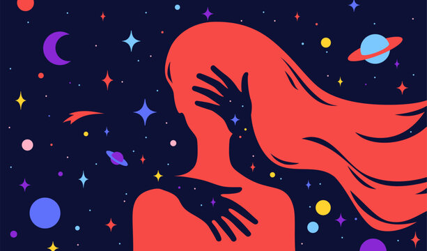 Modern flat character. Hands hug silhouette of woman with dream universe, cosmos, stars background. Simple character of young girl, energy spirit connection universe starry night. Vector illustration
