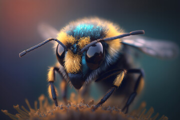 Magnified Close-Up of a Bee's Head with Yellow Pollen Dust  AI Generated