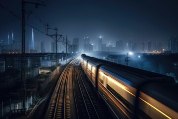 Fototapeta na wymiar High speed bullet train with blurred nighttime cityscape. High quality generative AI