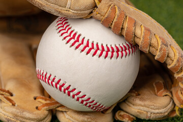 Baseball and glove closeup. Little league, youth and professional sports concept.