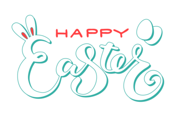 Cute Happy Easter lettering quote with bunny ears and eggs decoration, hand written with ink brush. Png clipart isolated on transparent background