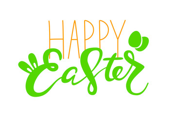 Cute Happy Easter lettering quote with bunny ears and eggs decoration, hand written with ink brush....