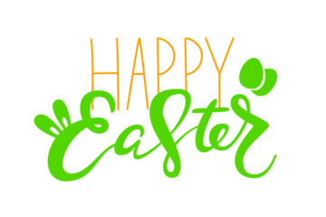 Cute Happy Easter lettering quote with bunny ears and eggs decoration, hand written with ink brush. Png clipart isolated on transparent background