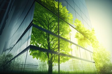 Green office building in a modern metropolis. Glass building with green tree branches and leaves to reduce carbon dioxide. Concept. Generative AI