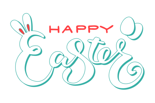 Cute Happy Easter lettering quote with bunny ears and eggs decoration, hand written with ink brush. Png clipart isolated on transparent background