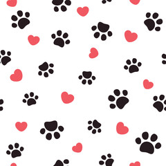 Pet paw print seamless pattern. Vector illustration with paw footprint and hearts on white background. It can be used for wallpapers, wrapping, cards, patterns for clothes and other.