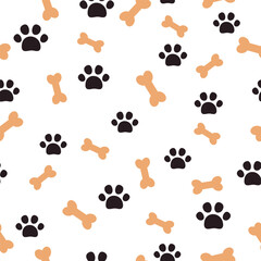 Fototapeta na wymiar Pet paw footprint seamless pattern. Dog paw print and bone on white background. It can be used for wallpapers, wrapping, cards, patterns for clothes and other.