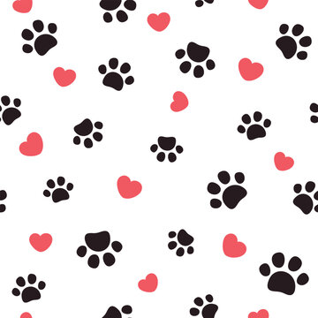 Pet paw print seamless pattern. Vector illustration with paw footprint and hearts on white background. It can be used for wallpapers, wrapping, cards, patterns for clothes and other.