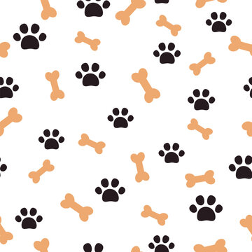  Pet paw footprint seamless pattern. Dog paw print and bone on white background. It can be used for wallpapers, wrapping, cards, patterns for clothes and other.