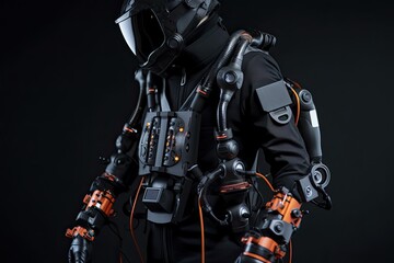 Wearable robotic exoskeleton suit. Wearable robotic devices, power armor, powered armor, powered suit, mobile machine that is wearable over all or part of the human body. AI generative